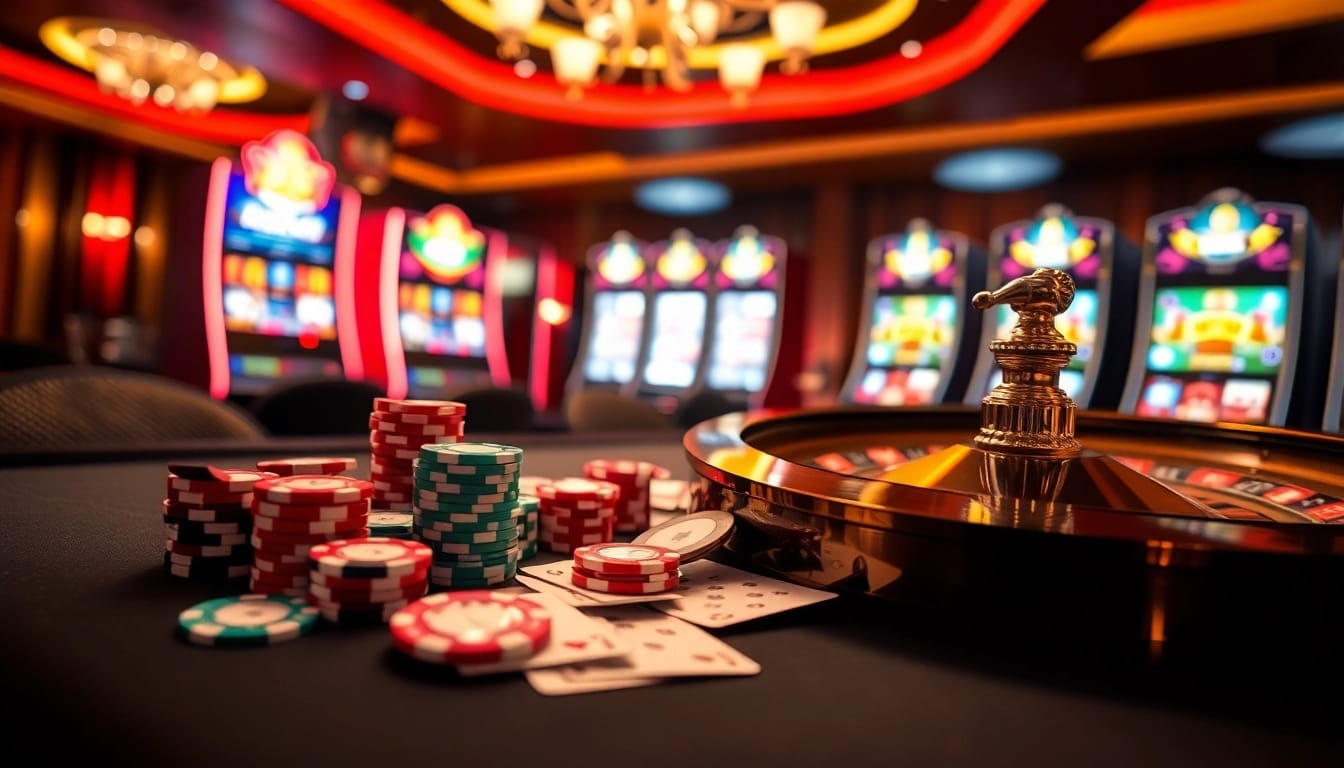 Experience thrill with ingat bola88 at a luxurious casino table featuring colorful poker chips.