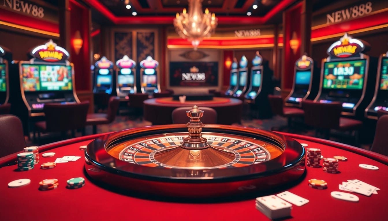 Exciting moment at the roulette table highlighting the NEW88 link amidst poker chips and cards.
