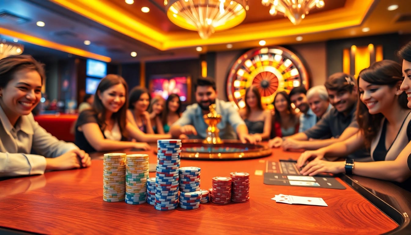 Engaging players experiencing high-stakes excitement at GG88's luxurious casino table.