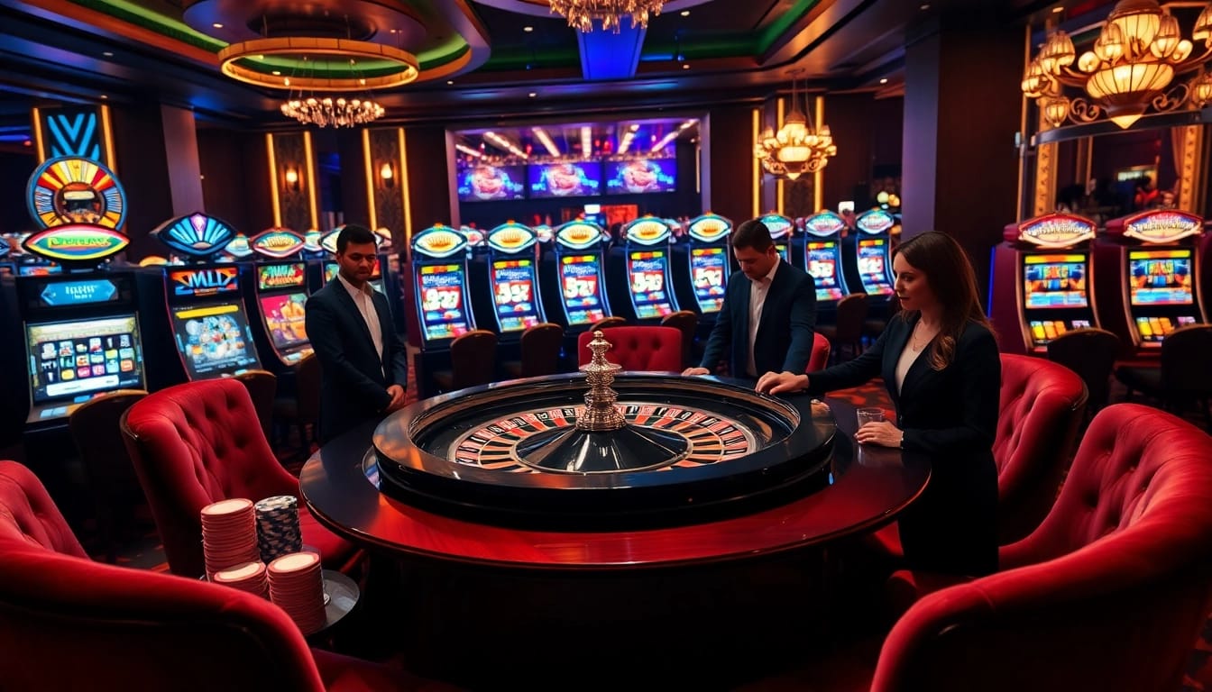 Players engaging at a roulette table in a luxurious casino setting with https://kwin.bio/ elements.