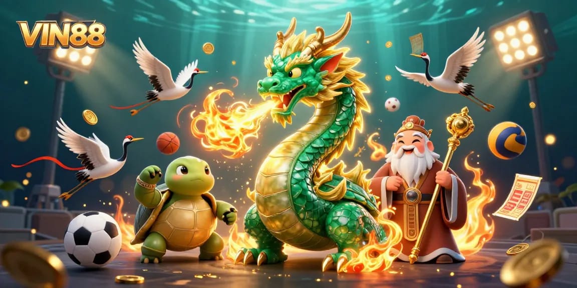 Experience the thrill of VIN88 with dynamic sports betting characters and vibrant casino elements.