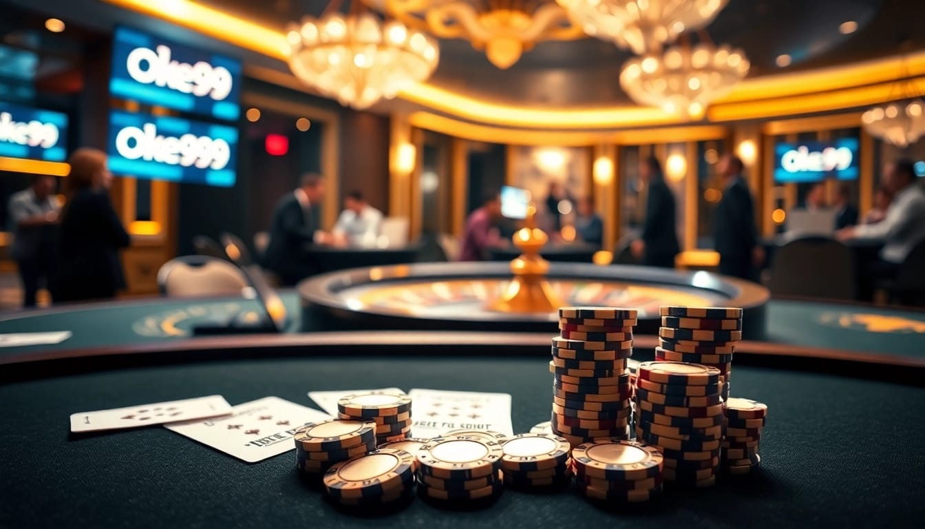 Experience the thrill of gambling at Oke99's elegant casino table with vibrant poker chips.