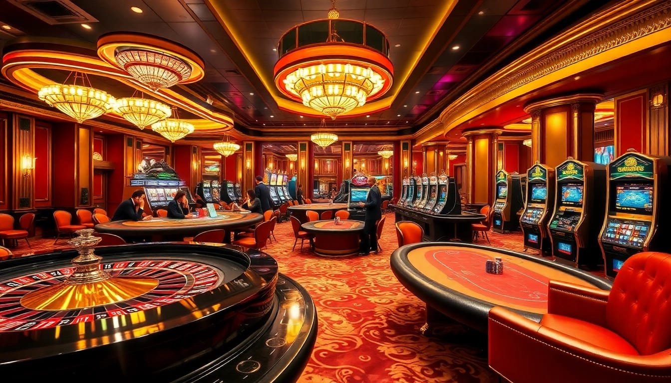 Players enjoy the thrill of gaming at Nhà cái Pg66, featuring a lively casino setting with roulette wheels and slot machines.
