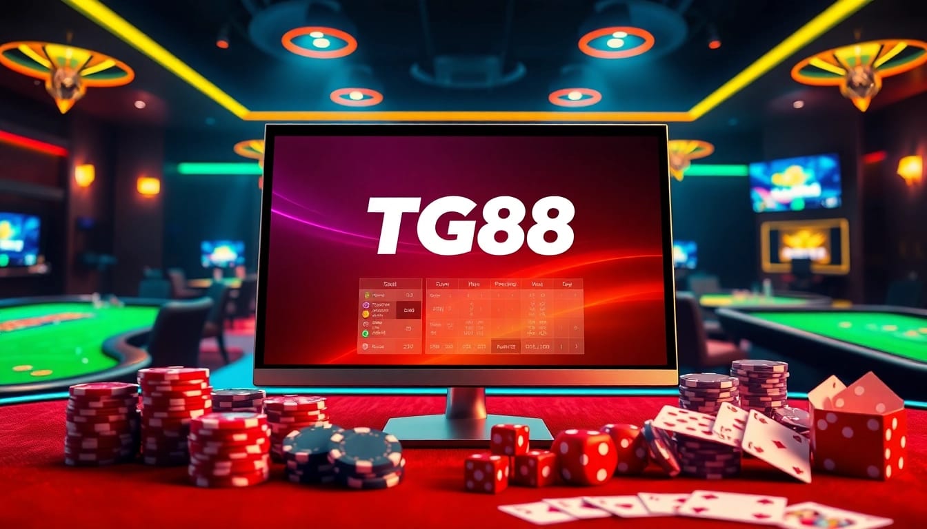 The TG88 online gambling interface with vibrant casino elements like poker chips and cards, exuding excitement and professionalism.