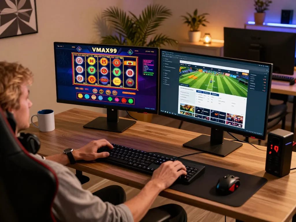 Engaging online gambling experience at https://vmax99.vip/ with a modern gaming setup displaying casino games on screen