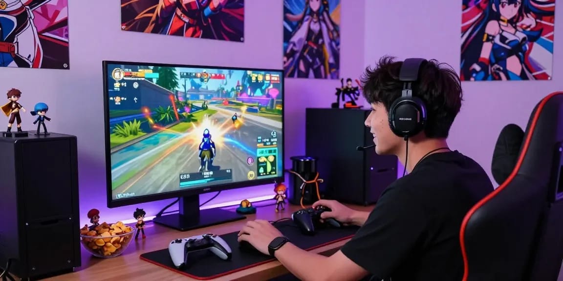 Energetic gamer enjoying a hentai game with vibrant atmosphere and collectibles.