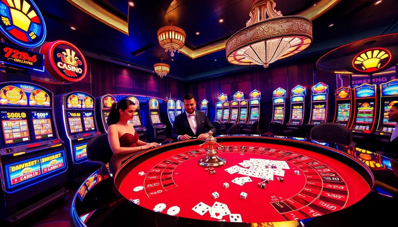 Players engaging in thrilling games at vj88.online casino, showcasing roulette and slot machines.