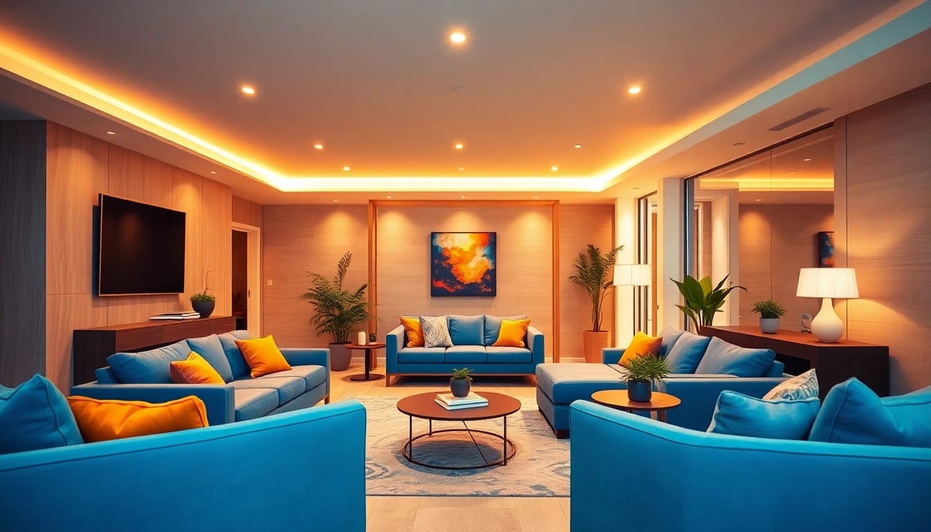 Visually stunning basement renovation showcasing a modern lounge setup and elegant decor.
