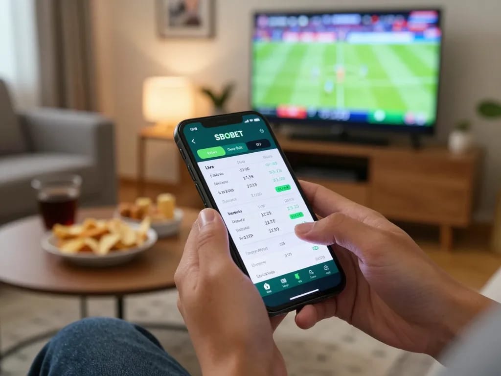 SBOBET Đăng Nhập screen on smartphone, showcasing live sports betting action in a cozy home setting with snacks.