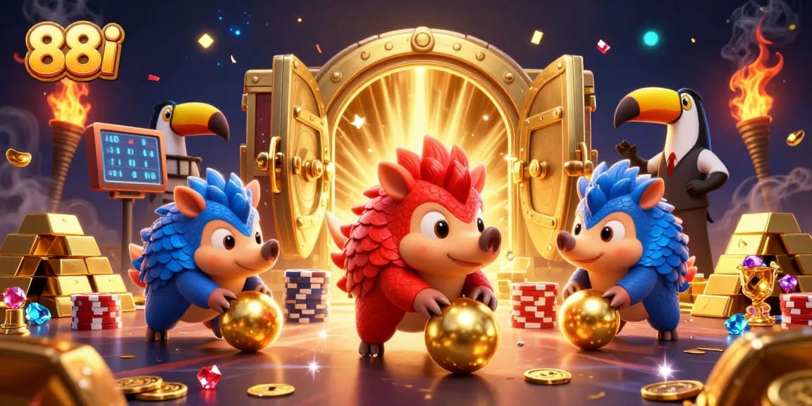 Engage with thrilling 88i casino gaming adventures featuring pangolins rolling through golden poker chips.