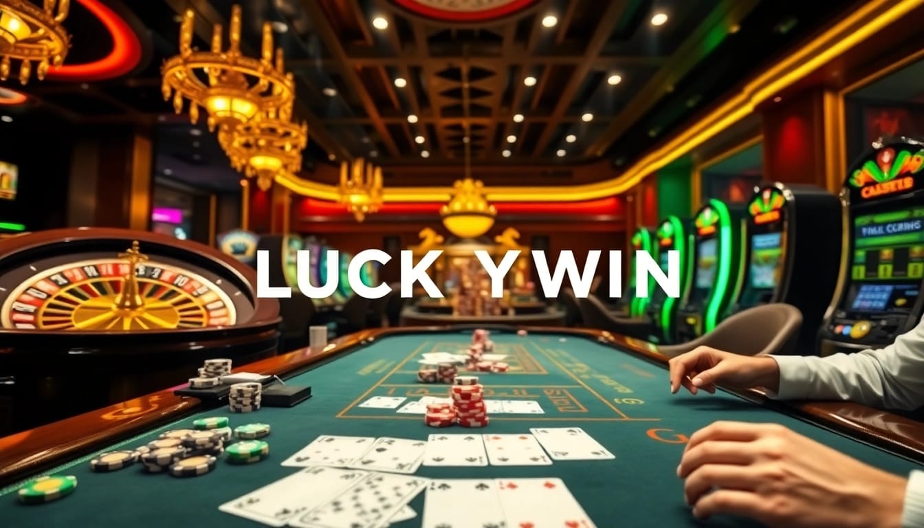 LUCKYWIN casino scene with vibrant gaming elements including roulette, poker chips, and engaged players.