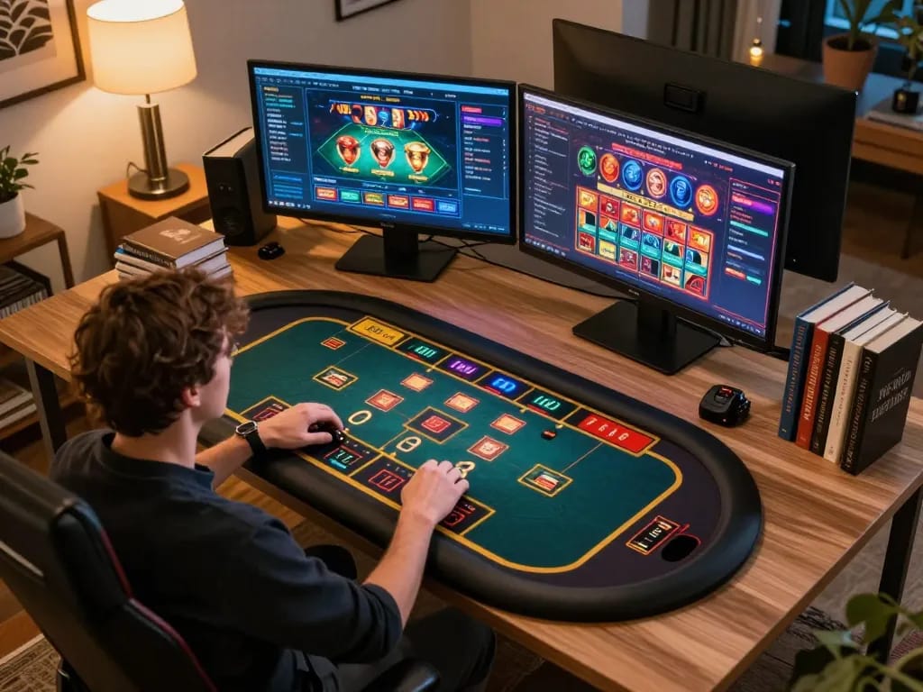 Engaging online gambling session at 99wincasino showcasing multiple screens with live dealer games, focusing on strategic gameplay.
