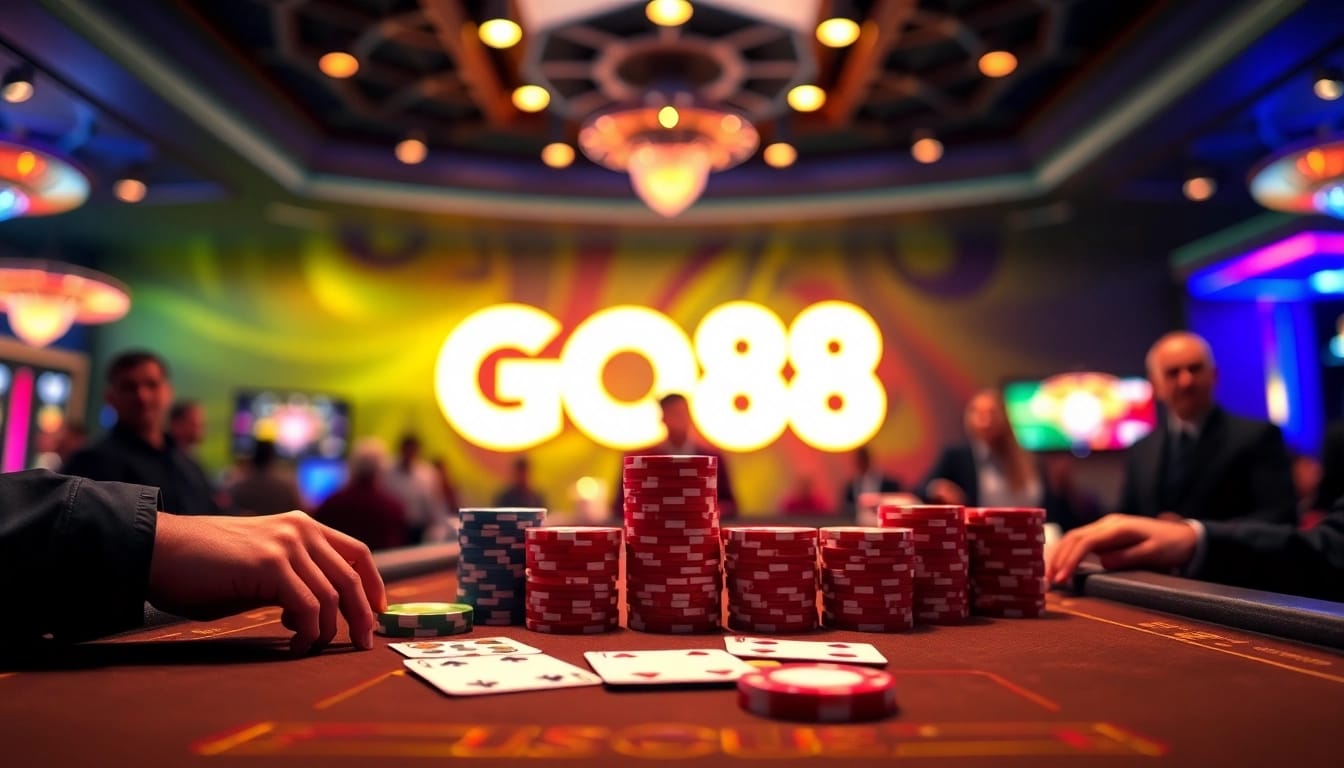 Exciting poker game at GO88 with colorful chips and illuminated cards enhancing the casino experience.
