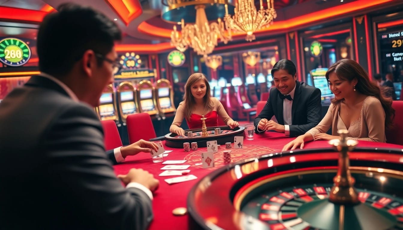 Experience the excitement of UU88 with a dramatic casino scene featuring poker, roulette, and vibrant slot machines.
