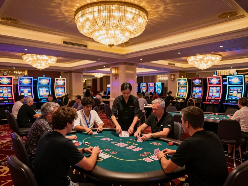 Engaged players enjoying poker at tg88 casino with dynamic gameplay and ambient casino lighting
