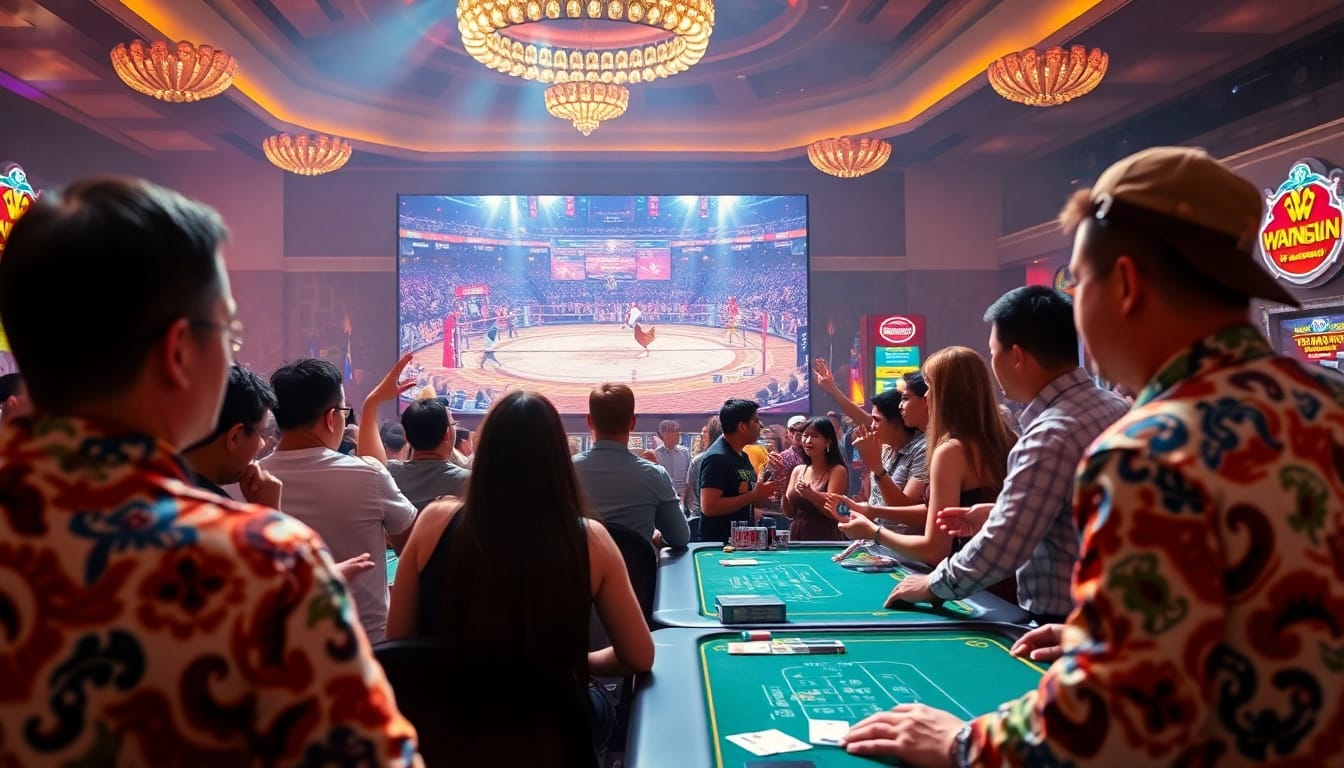 Engaged gamblers placing bets on đá gà trực tiếp during a vibrant live chicken fighting event.