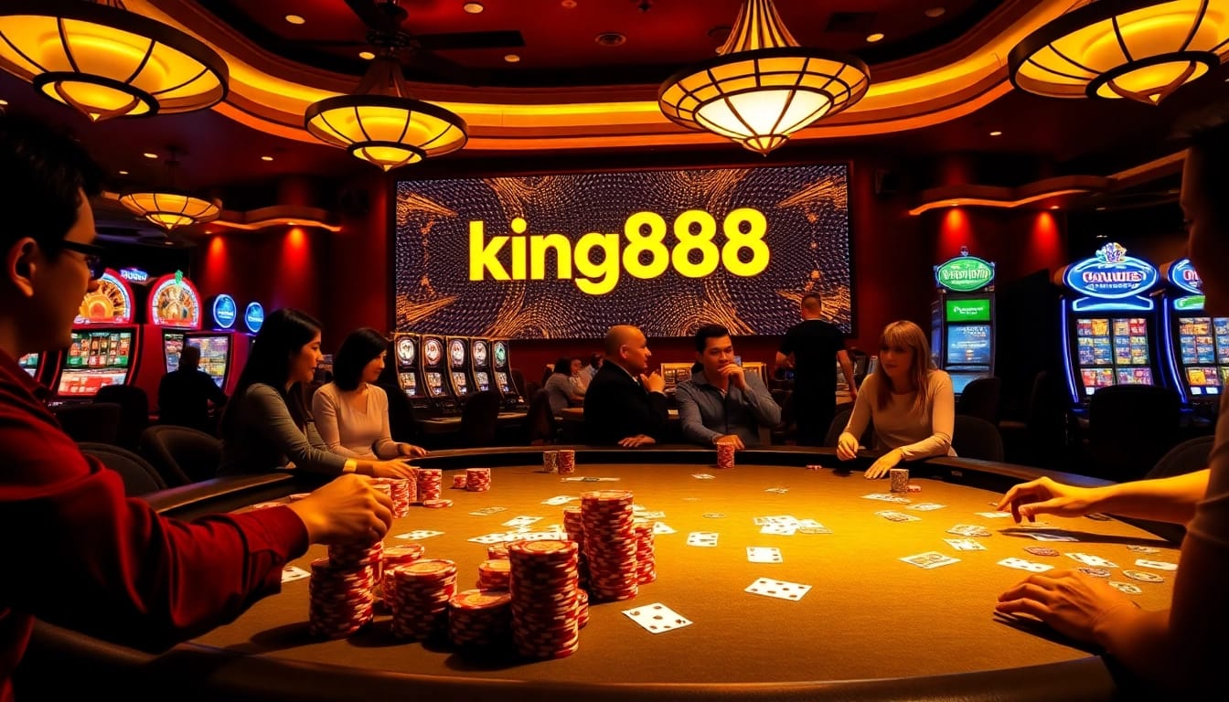 Excited gamblers playing at a luxurious poker table at king888 casino, featuring vibrant colors and dynamic atmosphere.