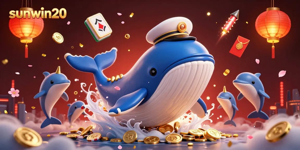 sunwin20 showcasing action-packed casino illustration with a cartoon whale and playful dolphins