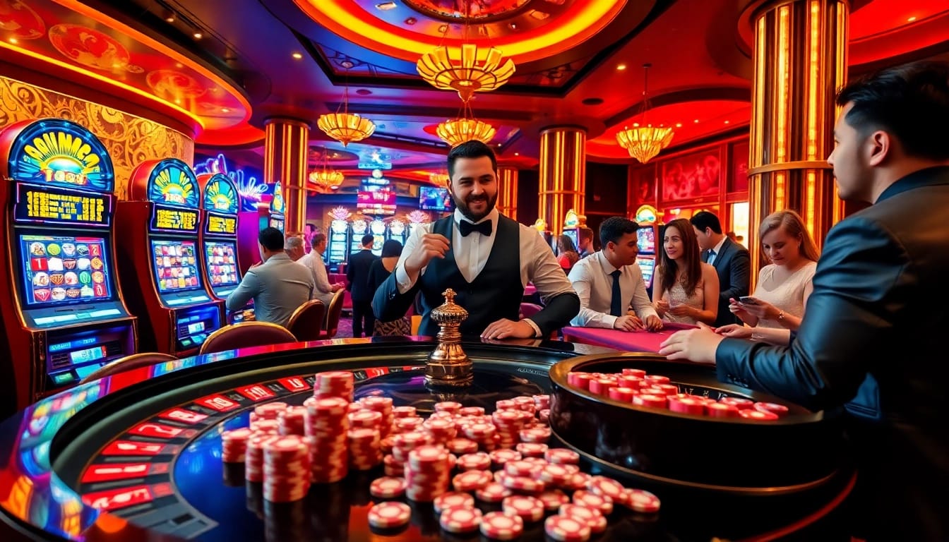 Experience the thrill of pg88 with an elegant casino scene featuring roulette and vibrant slot machines.