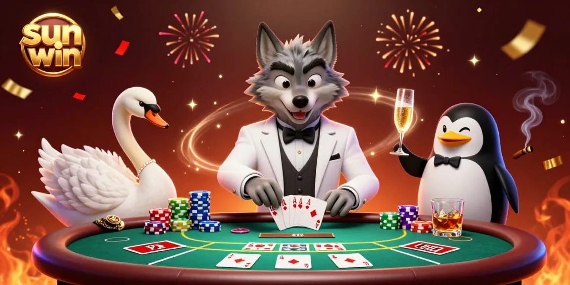 Experience the excitement of sun win with debonair wolf at the baccarat table surrounded by casino allure.