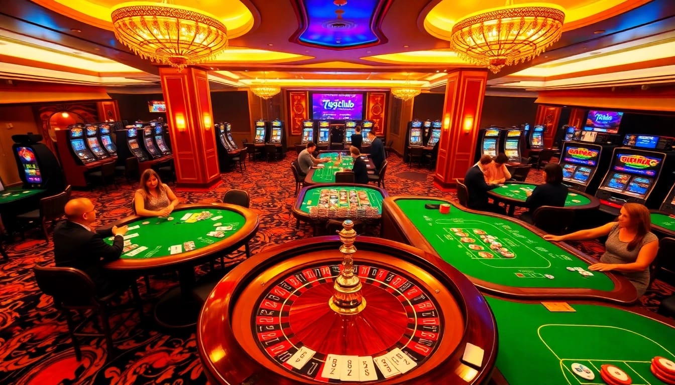 Engaging scene of players enjoying games at 789club casino with vibrant tables and roulette wheel.