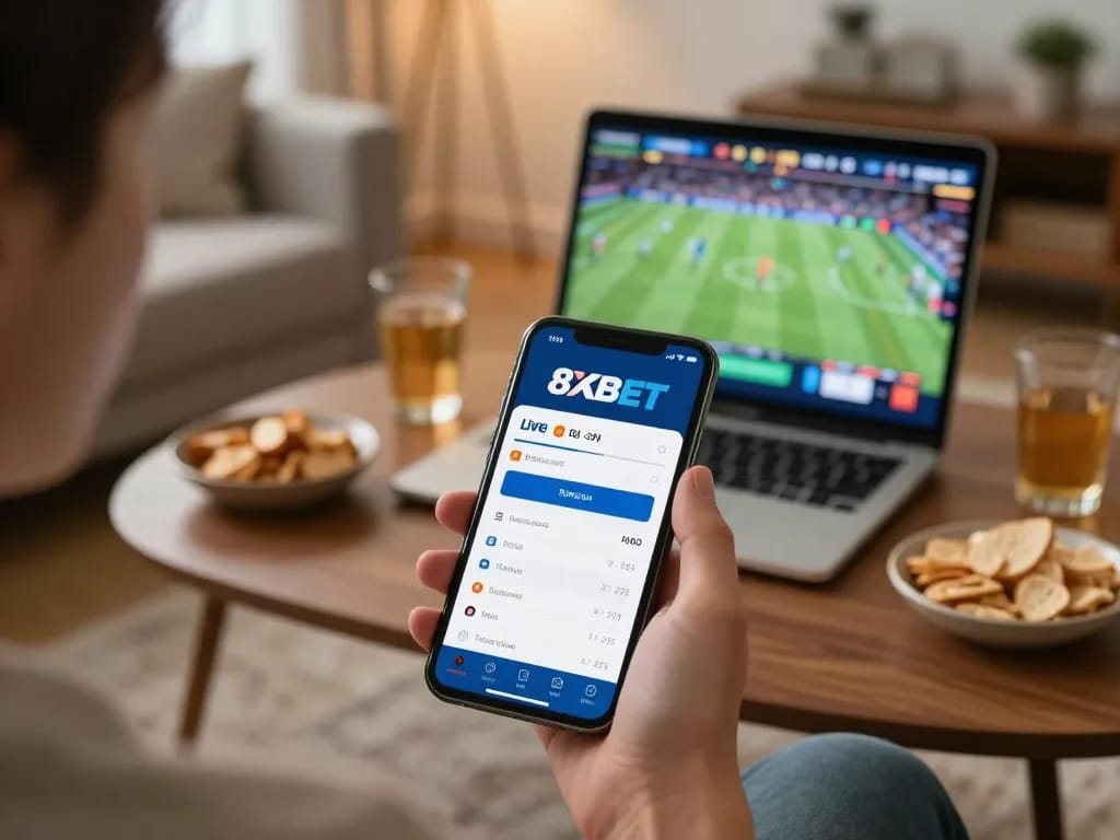 Engaging in live betting on 8XBET COM from a cozy home setup, smartphone displaying real-time odds and match updates.