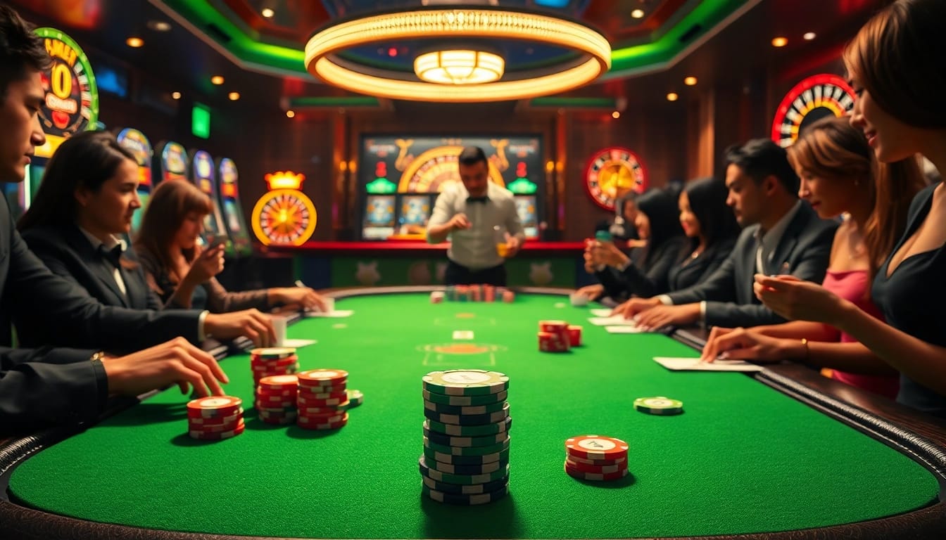 Players engaging in an intense HB88 poker game with vibrant chips and casino ambiance.