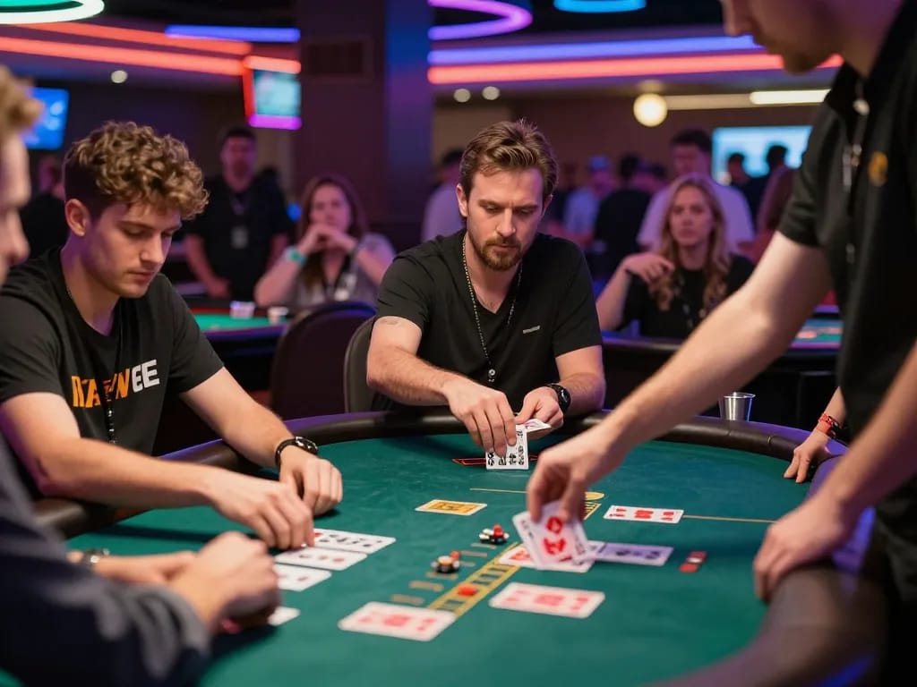 mm88 players engaging intensely in a game of blackjack at a lively casino.