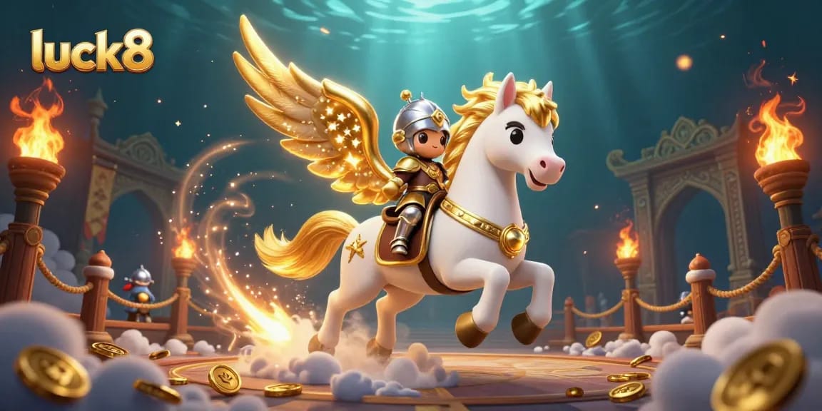Engage with luck8's thrilling action as a celestial horse and knight explore an exciting digital casino.