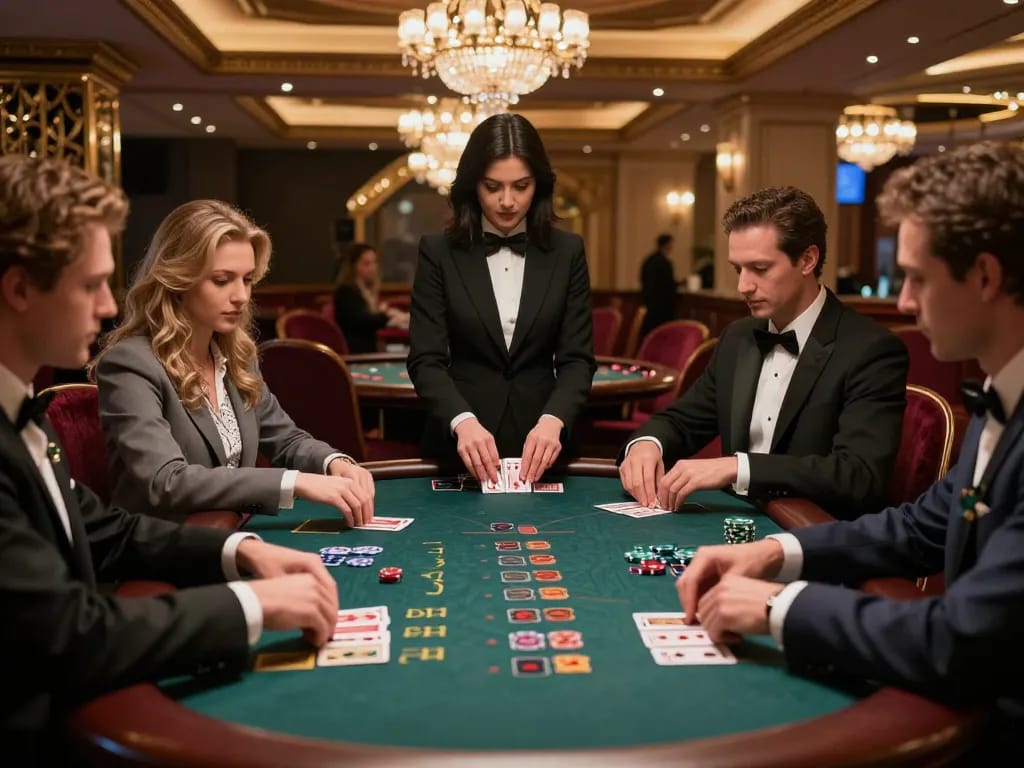 KJCTop players making strategic bets at a blackjack table in a luxurious casino environment