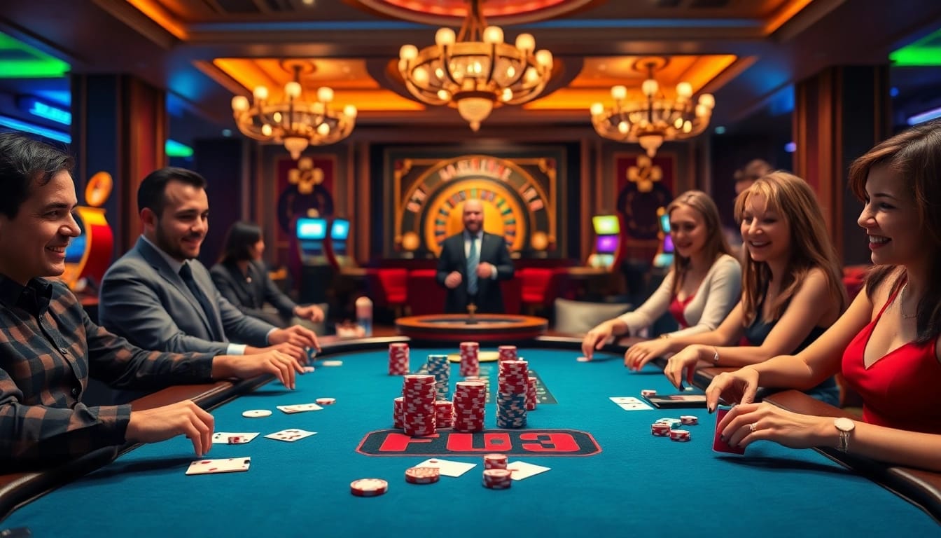 Players enjoying a thrilling Hit Club poker game at a luxury casino table with colorful chips.