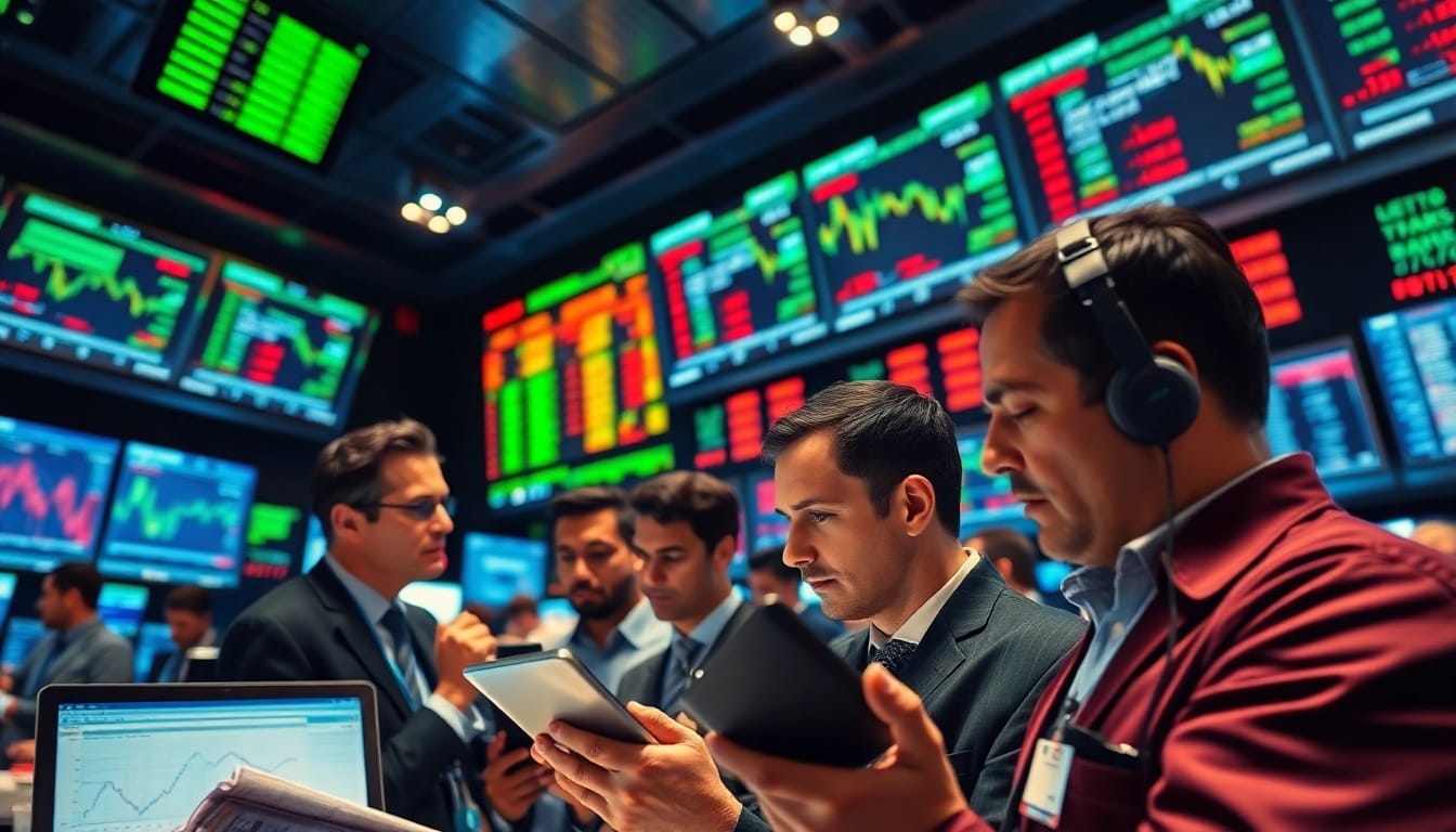 Illustrate a lively scene of pre marketing trading with diverse traders analyzing market data.