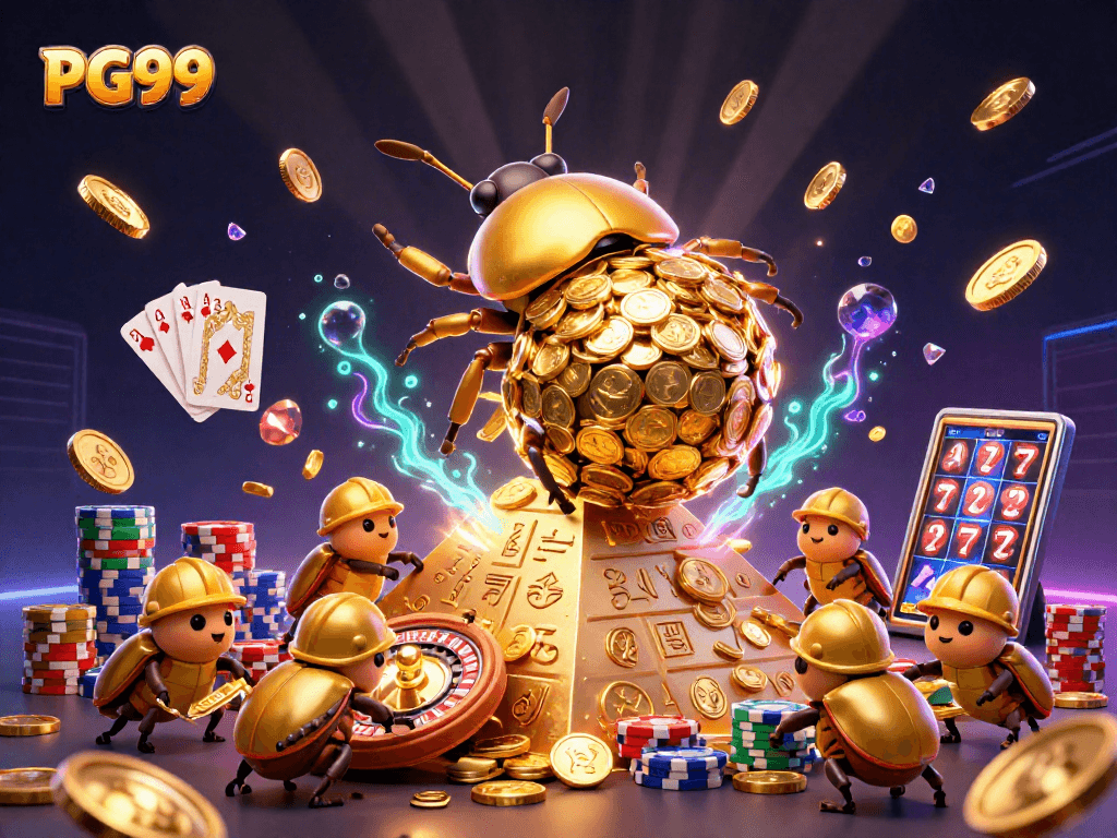 Experience PG99 with vibrant 3D action featuring golden coins and casino symbols.