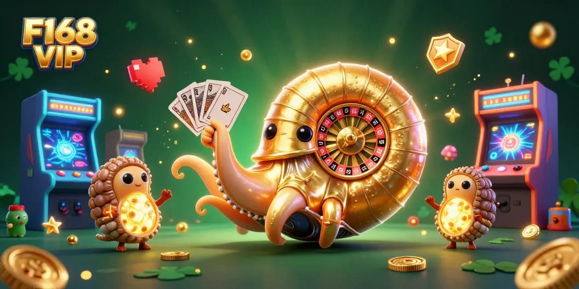 Experience the thrill of winning with F168 VIP's dynamic gaming environment featuring a colorful nautilus roulette and vibrant arcade elements.