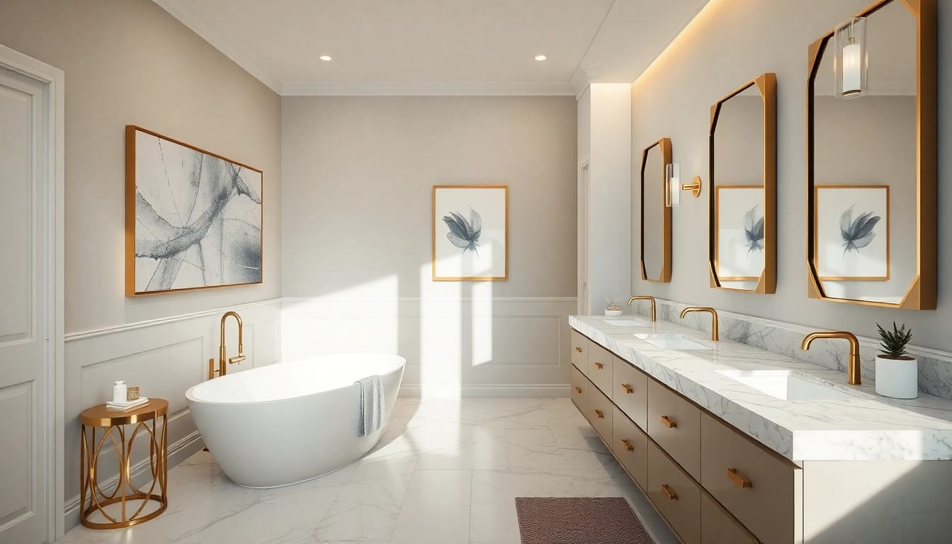 Explore a bright, modern bathroom remodeling showcasing stylish fixtures and a luxurious bathtub.