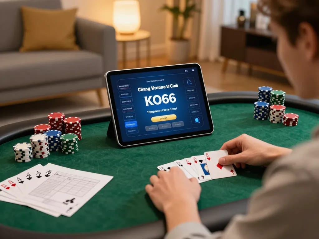 Engaging in Chương trình VIP Club KO66 benefits with a tablet poker game setup, strategic notes visible.