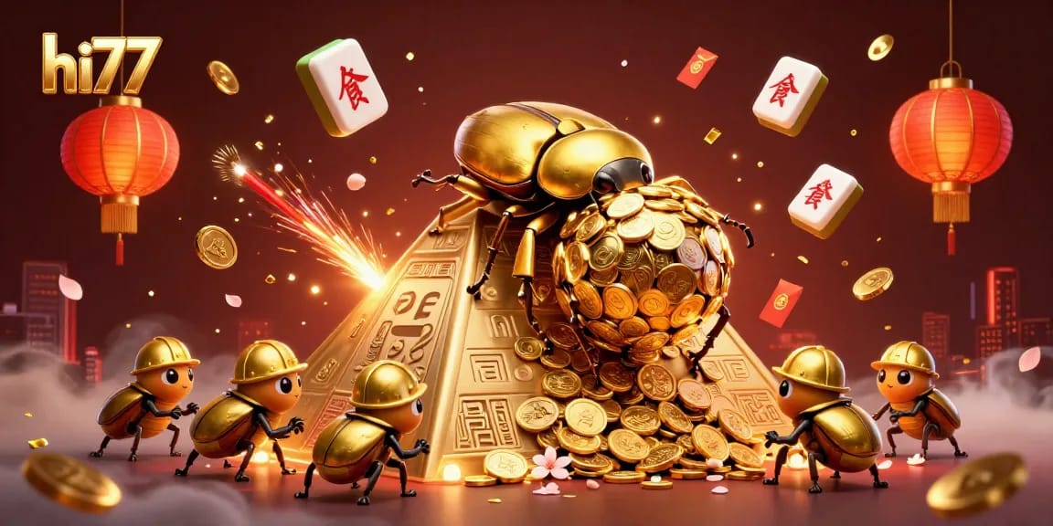 Exciting hi77 gaming experience with 3D beetles and casino elements in vibrant illustration