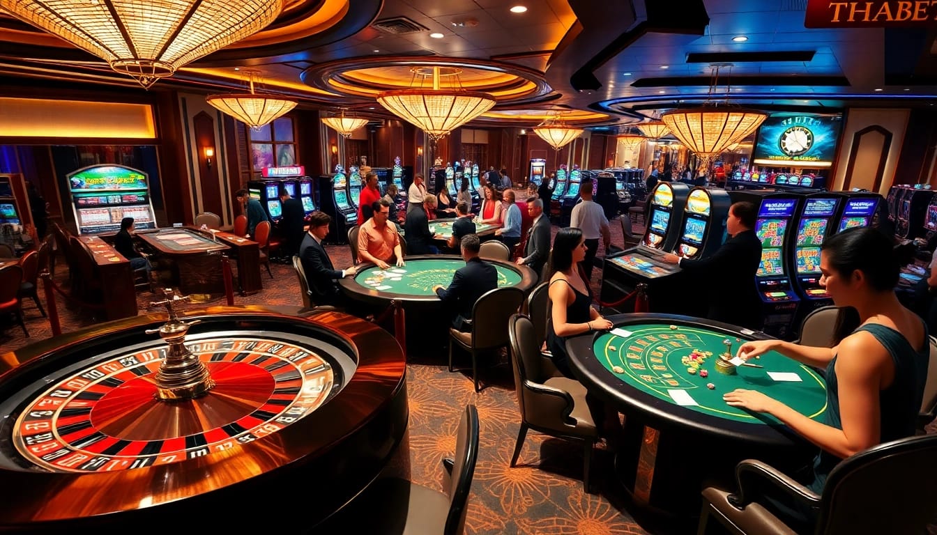 Experience high-stakes gaming action at https://thabet.vegas/, showcasing roulette wheels and excited players.