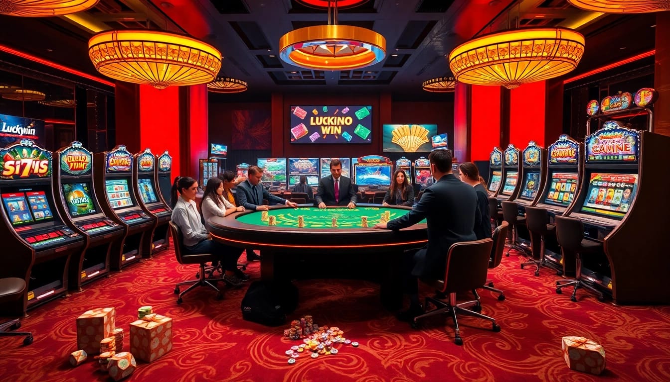Luckywin gaming table with enthusiastic players, colorful slot machines, and vibrant casino ambiance.