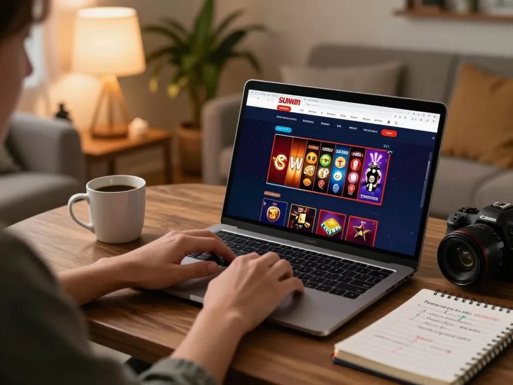 Engaging in sunwin online gambling with a laptop at home, showcasing cozy setup and responsible play.