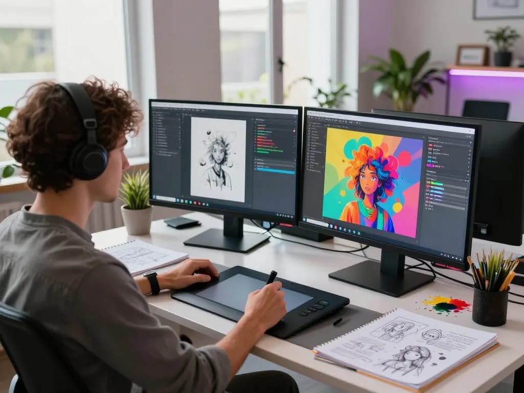 Creative digital artist using an image prompt tool in a vibrant studio.