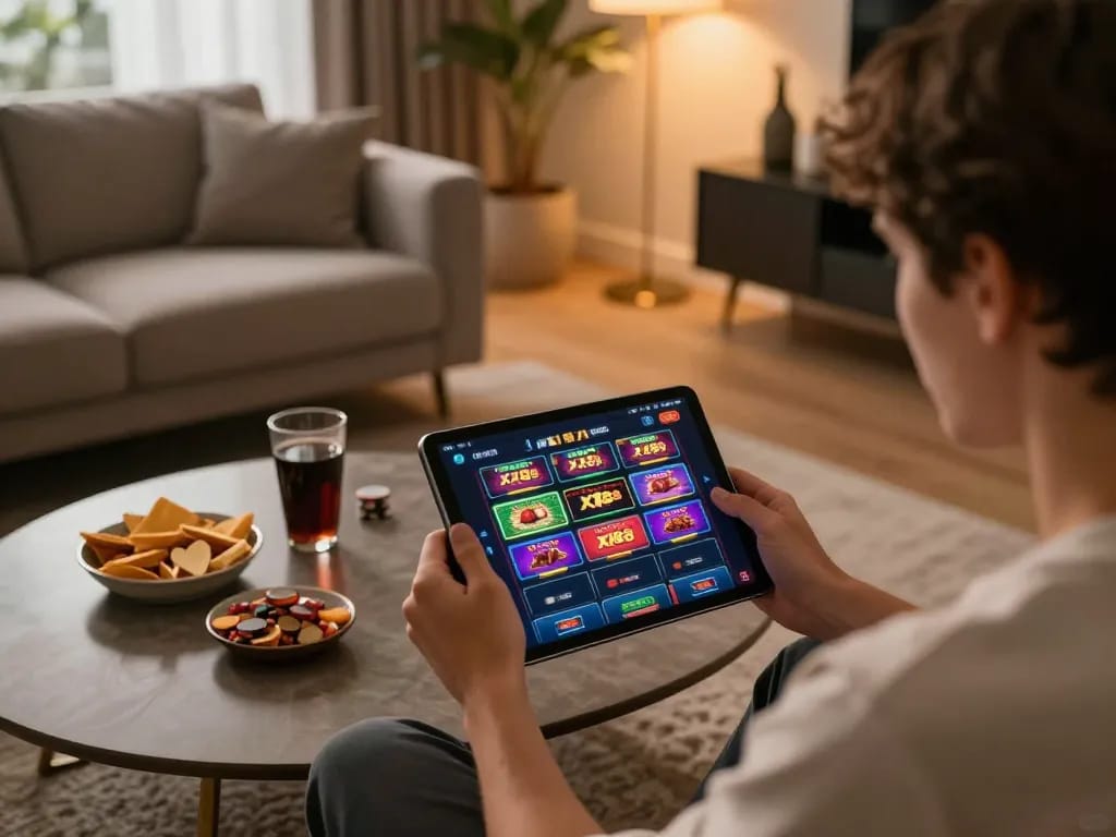 Player engaging with xx88 casino app on tablet, cozy home atmosphere with snacks and drinks