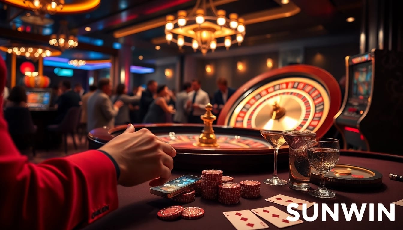 Experience the thrill of SUNWIN gaming with vibrant poker tables and roulette wheels in a luxurious casino
