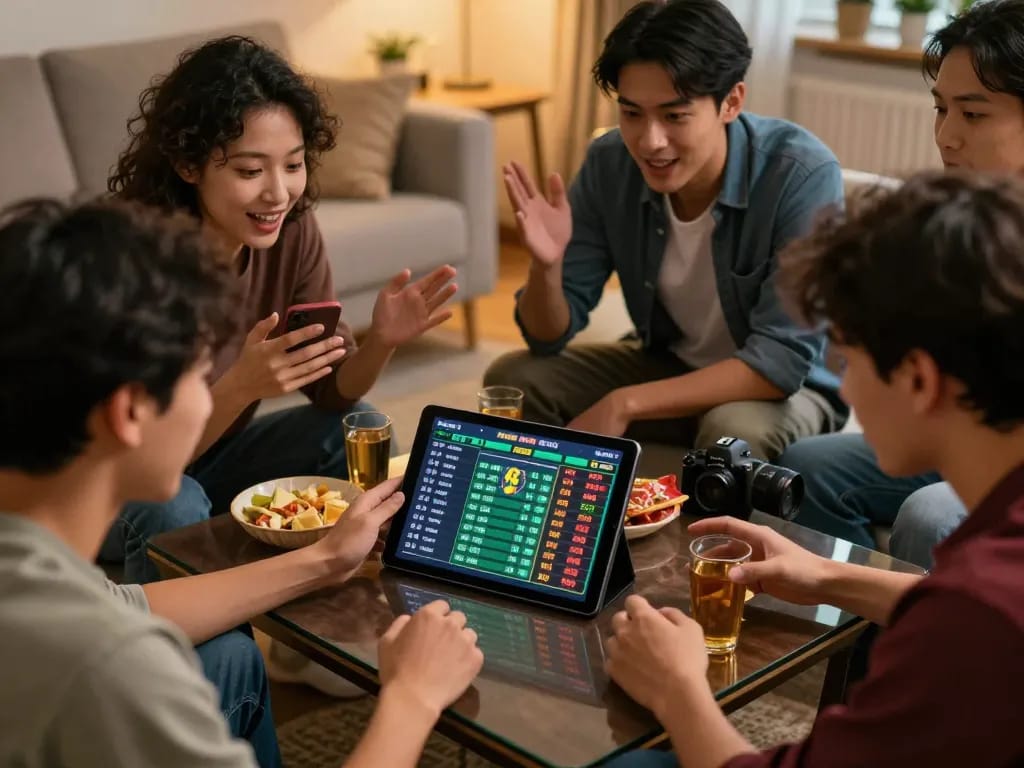 Excited friends engaging in live sports betting on a tablet, TX 666 positioned on the table, capturing the thrill of home gambling.