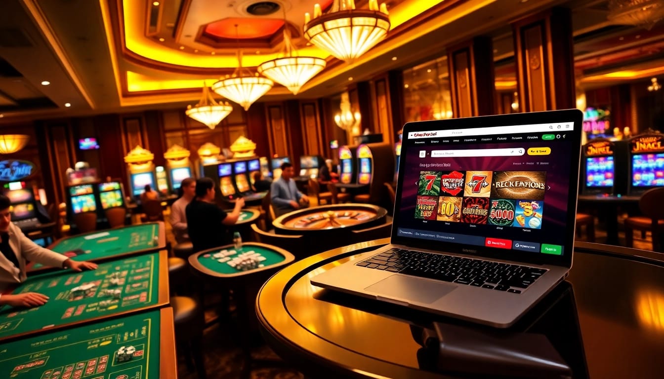 Online casino excitement at https://rr88.lat/, featuring players at poker tables and slot machines.