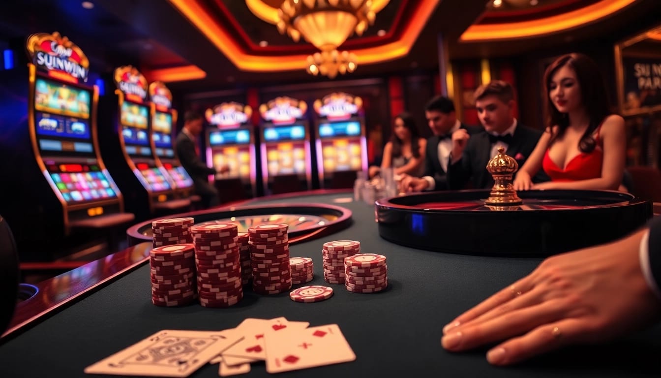 Players captivated by the thrill of a SUNWIN casino experience with vibrant slot machines and elegant gaming tables.