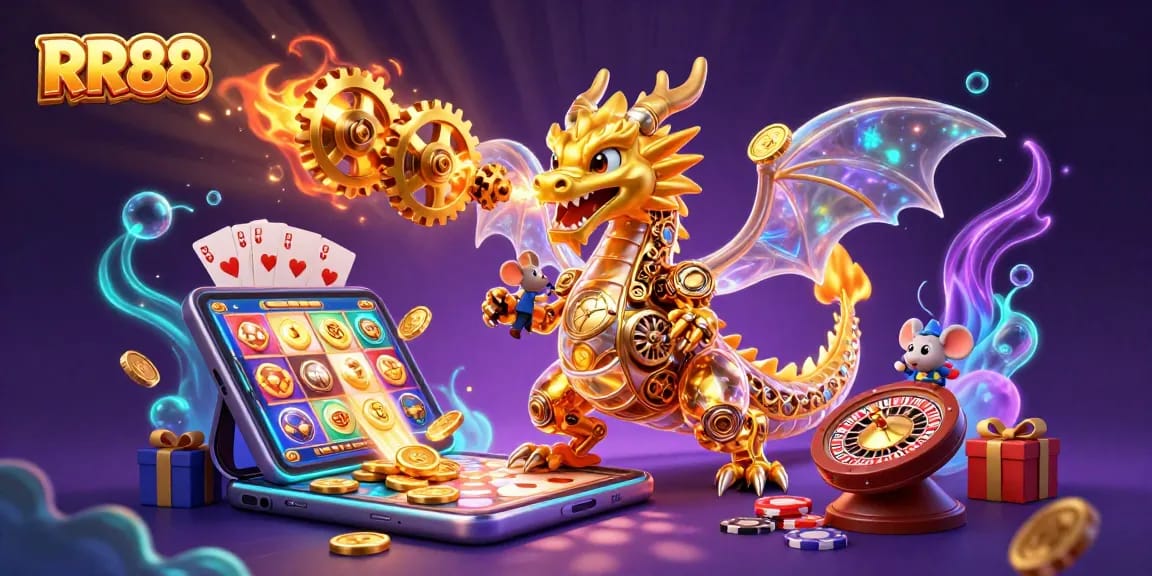 Engage with the exciting RR88 gaming experience featuring vibrant slot games, golden coins, and a golden dragon.