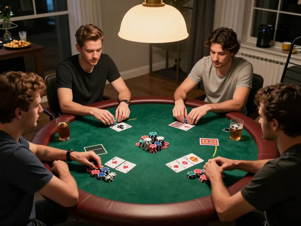Friends enjoying a poker game at home, showcasing the competitive spirit of kuwinfi night.