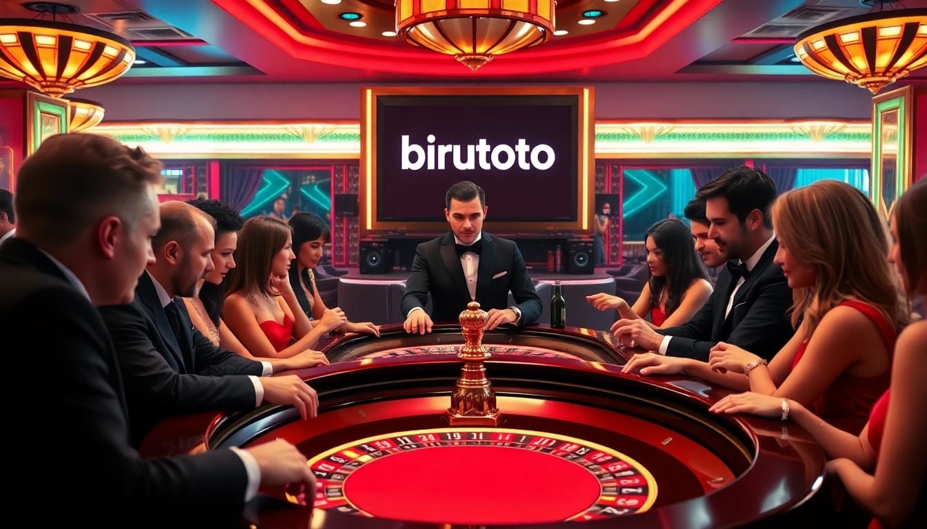 Players engaging at a luxurious casino table with birutoto screens displaying betting options.