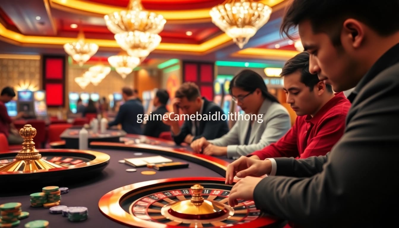 Experience the excitement of gamebaidoithuong with vibrant casino tables, poker chips, and engaging players.